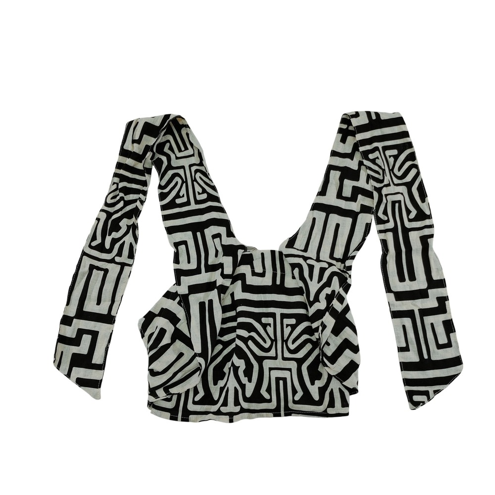 Rachel Zoe Womens Size XS Black Ivory Geometric‎ Linen Blend Wrap Smocked Crop